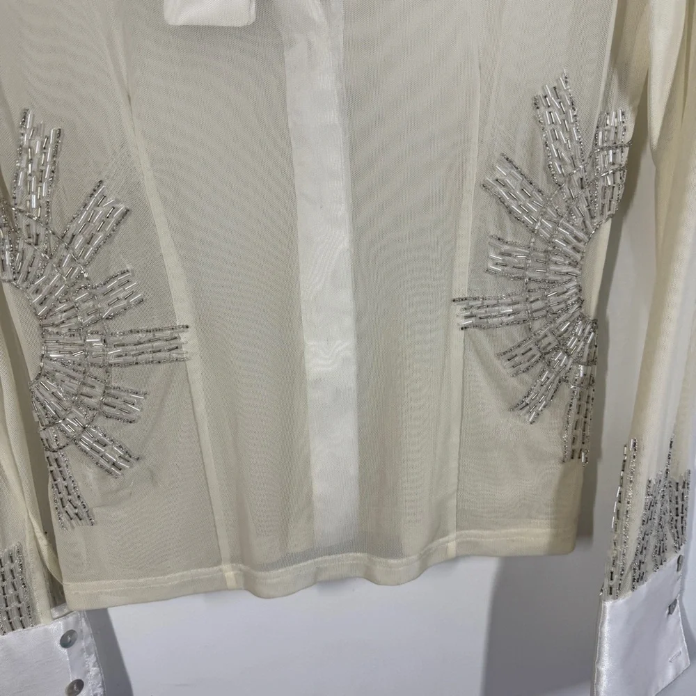 Vintage Taglia Sheer Beaded Satin Blouse Ivory Size M Long Sleeve Dressy Top - Picture 12 of 14